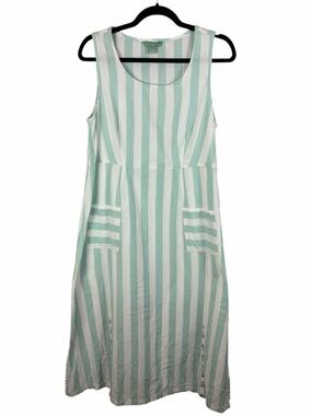 April Cornell Striped Cotton Dress Mint Green White Sleeveless Pockets Medium